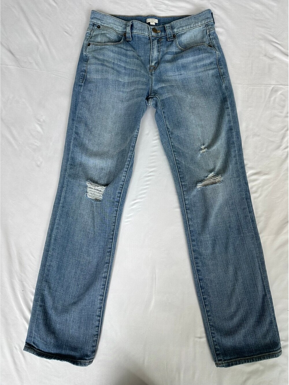 J.Crew Factory 26 Light Wash Distressed Straight-Leg Stretch Denim Jeans